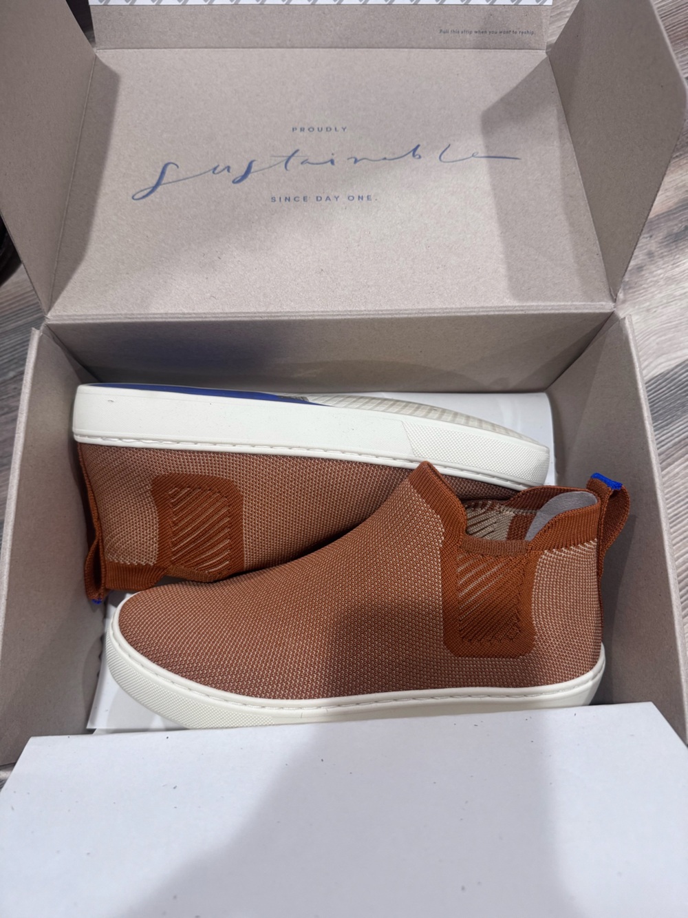 Rothy's Slip-On Knit Sneakers in Brown with White Sole
